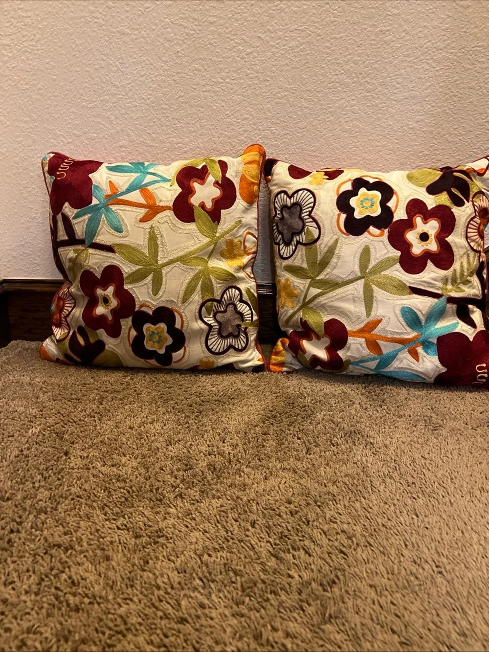 Lot of 2 Pier 1 Imports Embroidered Floral Throw Pillows Boho Cream Crewel 18x18